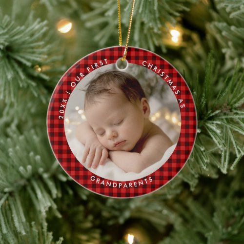 First Christmas Grandparents Buffalo Checks Photo Ceramic Ornament