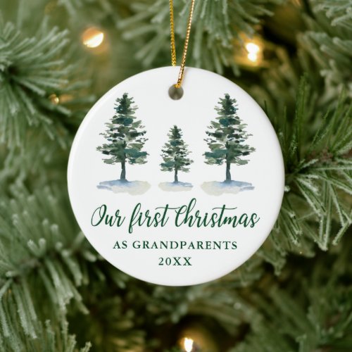 First Christmas Grandparents Calligraphy Pines Ceramic Ornament