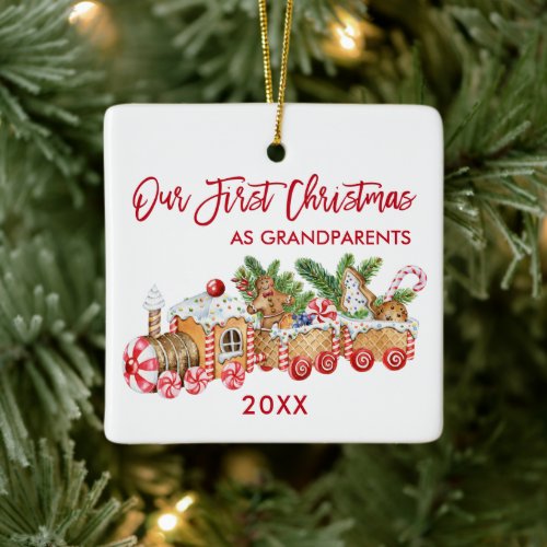 First Christmas Grandparents Gingerbread Train Red Ceramic Ornament
