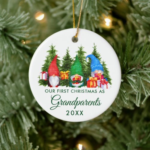 First Christmas Grandparents Gnomes Green Trees Ceramic Ornament