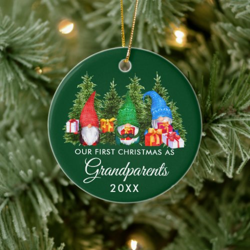 First Christmas Grandparents Gnomes Trees Green Ceramic Ornament