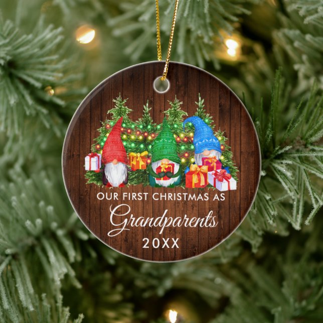 First Christmas Grandparents Gnomes Wood Lights Ceramic Ornament (Tree)