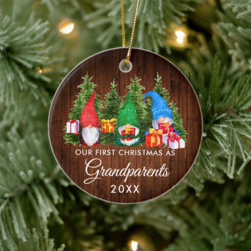 First Christmas Grandparents Gnomes Wood Trees Ceramic Ornament