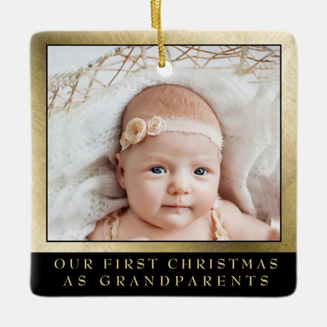 First Christmas Grandparents Gold Black Photo Ceramic Ornament (Front)