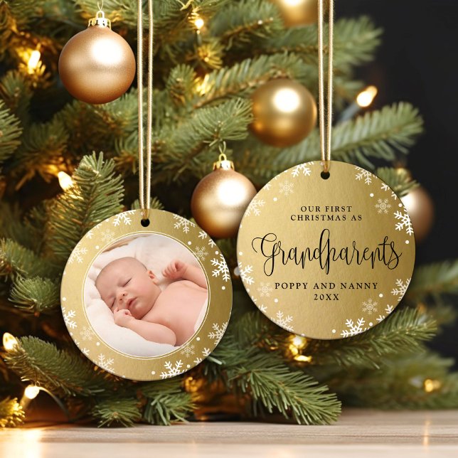 First Christmas-Grandparents, Gold Photo Keepsake Ceramic Ornament (Creator Uploaded)