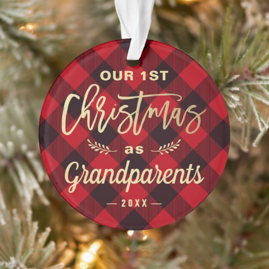 First Christmas Grandparents Gold Red Plaid Photo Ornament