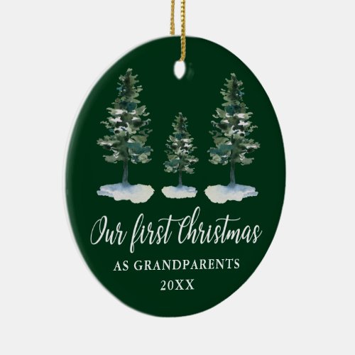 First Christmas Grandparents Green Pine PHOTO BACK Ceramic Ornament