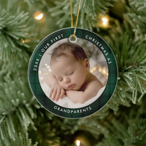 First Christmas Grandparents Green Plaid Photo Ceramic Ornament