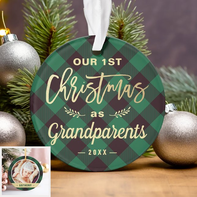 First Christmas Grandparents Green Tartan Photo Ornament (Sample)