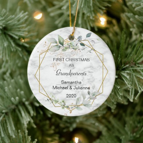 First Christmas Grandparents Greenery Gold Photo Ceramic Ornament