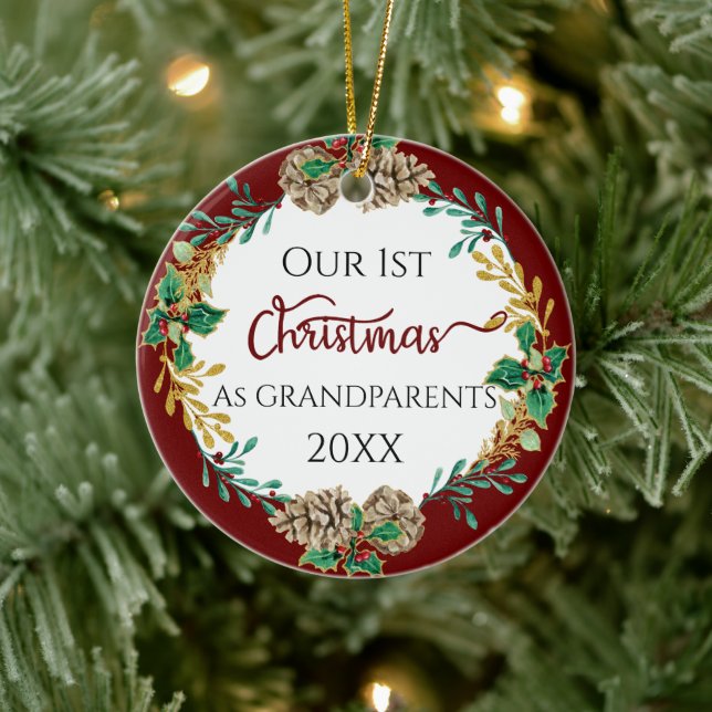 First Christmas Grandparents Holly Pine Cone Photo Ceramic Ornament (Tree)