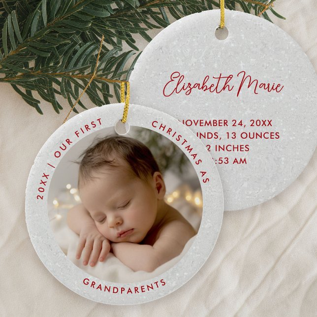 First Christmas Grandparents Minimal Red Photo Ceramic Ornament (first christmas grandparents photo ornament gift modern simple minimal typography white red)