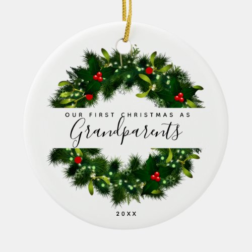 First Christmas Grandparents Modern Wreath Custom Ceramic Ornament