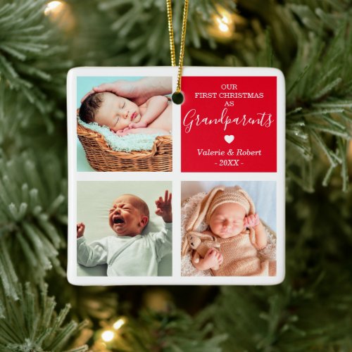 First Christmas Grandparents Photo Christmas Ceramic Ornament - Photo collage grandparent christmas ornament featuring a chic white background that can be changed to any color, 6 pictures of your grandchild, the words "our first christmas as grandparents", a cute heart, your names, and the year.