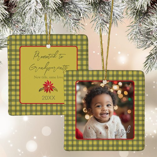 First Christmas Grandparents Photo Green Gingham Ceramic Ornament