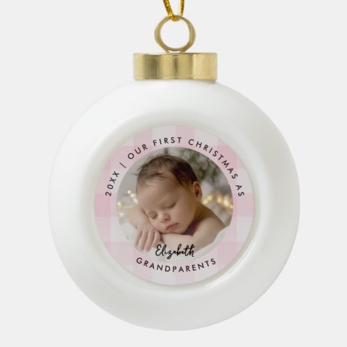 First Christmas Grandparents Pink Check Baby Photo Ceramic Ball Christmas Ornament