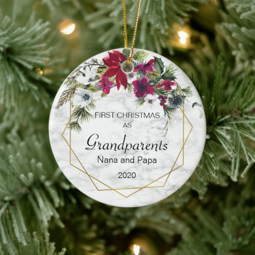 First Christmas Grandparents Poinsettia Pine Photo Ceramic Ornament