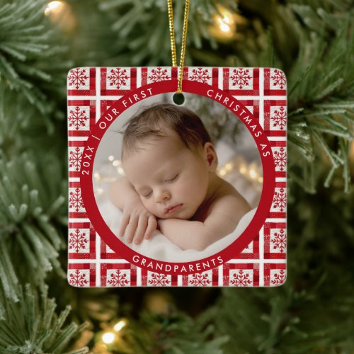 First Christmas Grandparents Red Quilt Patch Photo Ceramic Ornament
