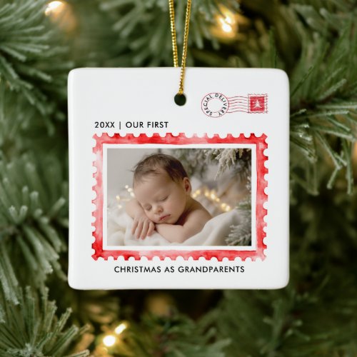 First Christmas Grandparents Red Stamp Post Photo Ceramic Ornament