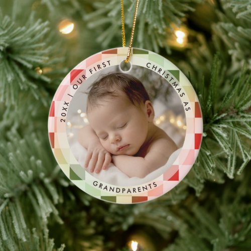 First Christmas Grandparents Retro Checkered Photo Ceramic Ornament