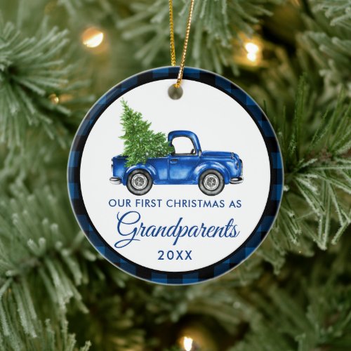 First Christmas Grandparents Truck Blue Plaid Ceramic Ornament