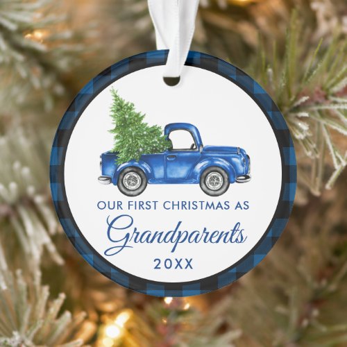 First Christmas Grandparents Truck Blue Plaid Ornament