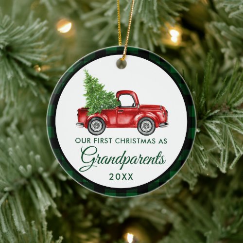 First Christmas Grandparents Truck Green Plaid Ceramic Ornament