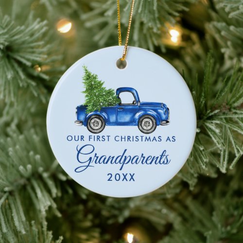 First Christmas Grandparents Vintage Blue Truck Ceramic Ornament