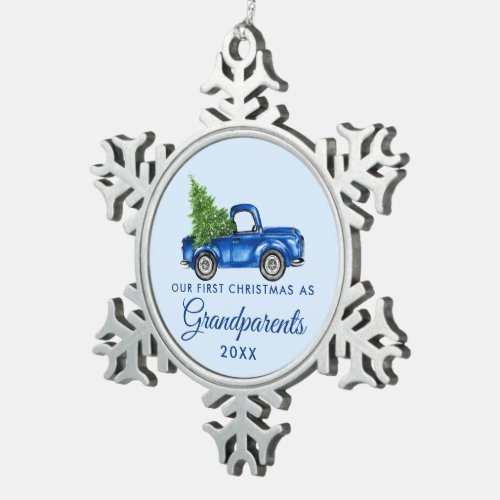 First Christmas Grandparents Vintage Blue Truck Snowflake Pewter Christmas Ornament