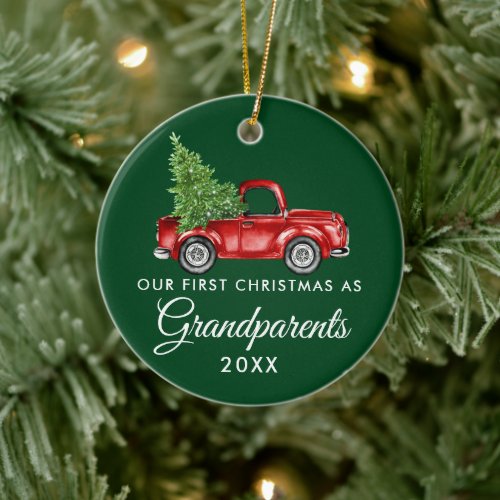 First Christmas Grandparents Vintage Truck Green Ceramic Ornament