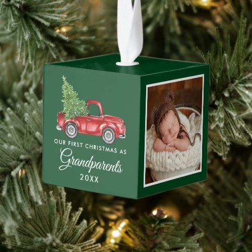 First Christmas Grandparents Vintage Truck Photo Cube Ornament