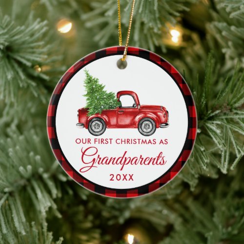 First Christmas Grandparents Vintage Truck Plaid Ceramic Ornament