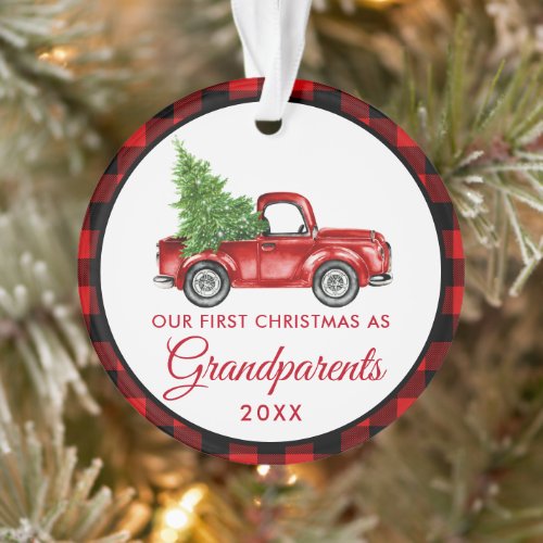 First Christmas Grandparents Vintage Truck Plaid Ornament