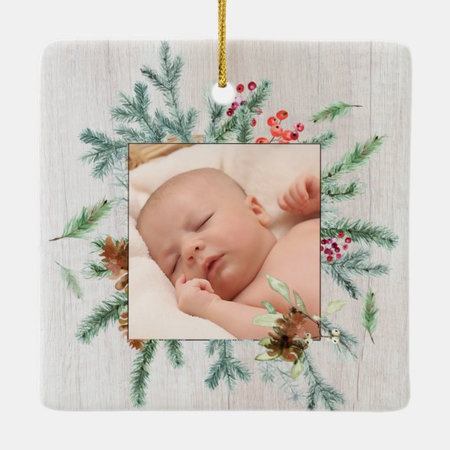 First Christmas Grandparents Winter Greenery Photo Ceramic Ornament (Back)