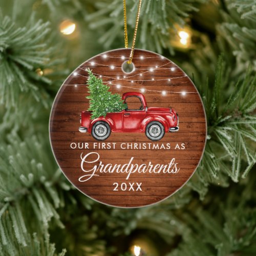First Christmas Grandparents Wood Truck Lights Ceramic Ornament