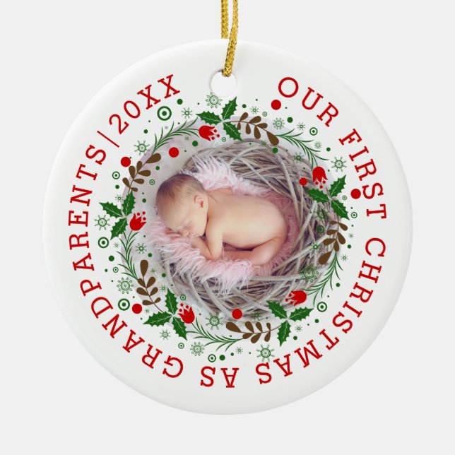 First Christmas grandparents wreath photo Ceramic Ornament (Front)