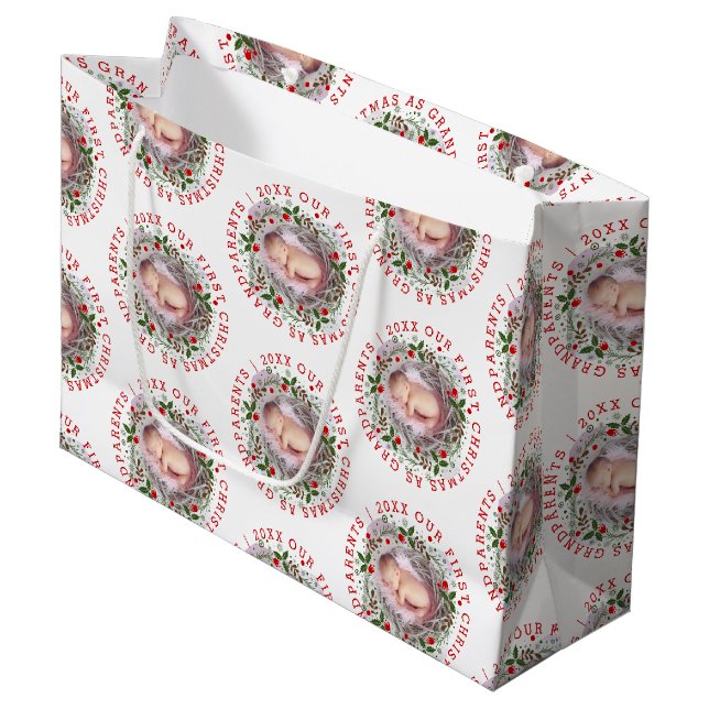 First Christmas grandparents wreath photo Large Gift Bag (Front Angled)