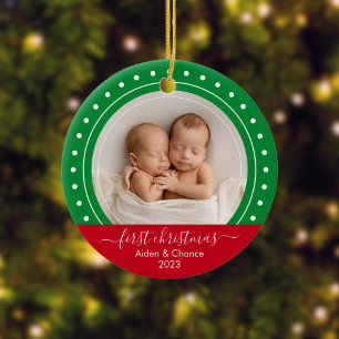 First Christmas Green and Red Dots Ceramic Ornament