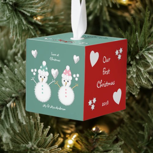 First Christmas green and red Snowman Photo Cube Ornament