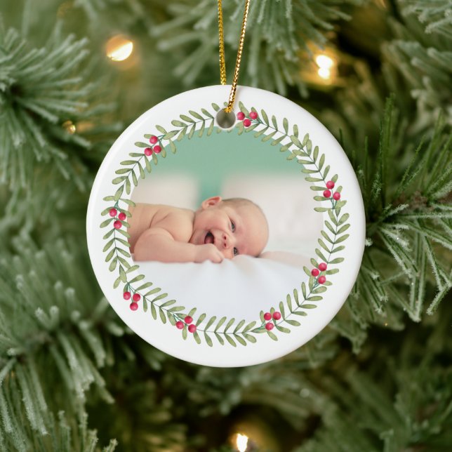 First Christmas Green Holiday Wreath Baby Ceramic Ornament (Tree)