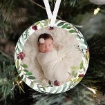 First Christmas Green Holiday Wreath Baby Photo Ornament<br><div class="desc">This elegant two-sided holiday photo keepsake ornament features a newborn photo of your baby girl framed by a floral watercolor holiday greenery wreath. The back of the ornament includes "First Christmas" wording with custom text that can be personalized with the baby's full name and the year of their birth. Includes...</div>