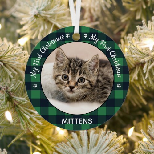 First Christmas Green Plaid Kitten Cat Pet Photo Metal Ornament