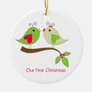 First Christmas Green Polka Dot LoveBirds on Holly Ceramic Ornament