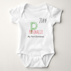 First Christmas Green Red Editable Monogram Baby Baby Bodysuit