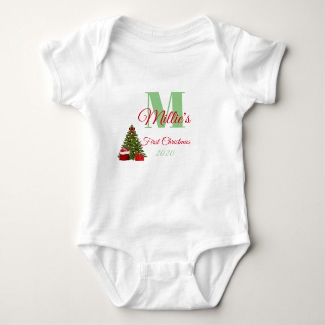 First Christmas Green Red Editable Monogram Baby Bodysuit (Front)