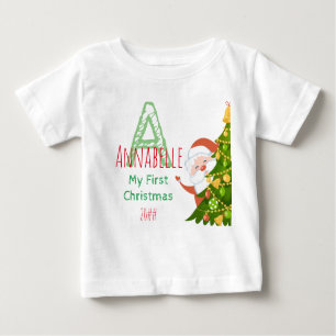 First Christmas Green Red Editable Monogram Baby T-Shirt