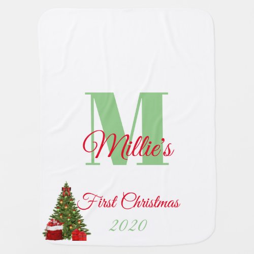 First Christmas Green Red Tree Editable Monogram Baby Blanket