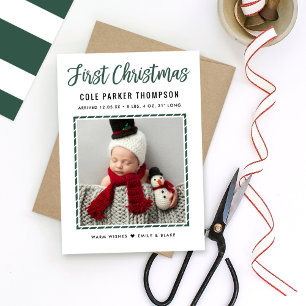 First Christmas Green Stripes Baby Photo Holiday Card