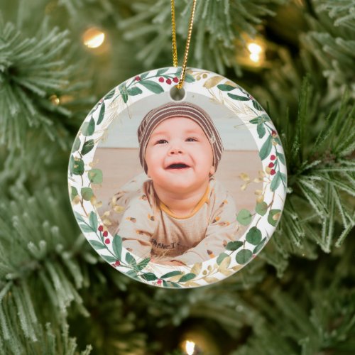 First Christmas greenery gold red elegant baby Ceramic Ornament