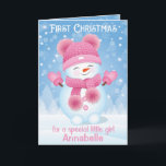 First Christmas | Greeting Card Baby Girl<br><div class="desc">Send out this beautiful card in pink and white colours with cute baby snowman to congratulate your little baby girl with First Christmas. You can personalize the name on the front page and change wording to your own text inside of the card by clicking "PERSONALIZE" option. Thank you for visiting...</div>